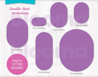 May include: A collection of purple double arch invitation cut files in various sizes, including 3.5 x 2 inches, 4 x 6 inches, 3.5 x 5 inches, 5 x 7 inches, 4 x 9 inches, and 8 x 10 inches. The design is ideal for cutting machines.