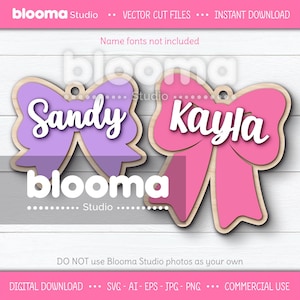 Bow name tags svg, Girl backpack name tag laser cut files, Back to school bag tags svg, Bow keychain svg, Personalized backpack tags, Png