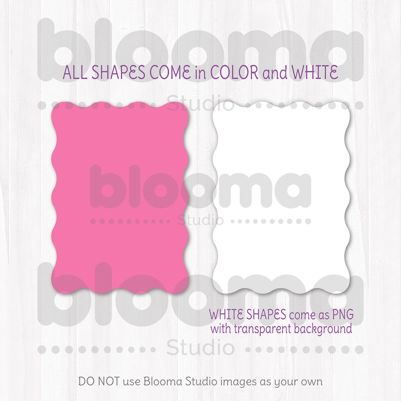 Pode incluir: Duas formas com bordas onduladas, uma rosa e outra branca, com o texto "blooma Studio" no centro de cada uma. O texto "ALL SHAPES COME in COLOR and WHITE" aparece acima das formas, e o texto "WHITE SHAPES come as PNG with transparent background" aparece abaixo das formas. O texto "DO NOT use Blooma Studio images as your own" aparece na parte inferior da imagem.