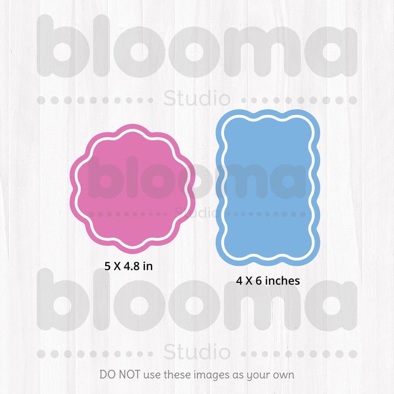 May include: Two blank, scalloped frames, one pink and one blue, with white outlines. The pink frame is 5 inches by 4.8 inches. The blue frame is 4 inches by 6 inches. The frames are on a white woodgrain background. The text "blooma Studio" appears above and below the frames.