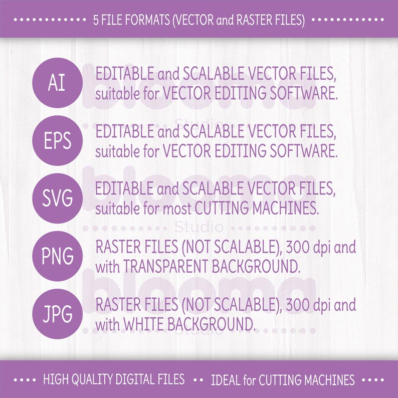 Pode incluir: Um gr&aacute;fico que mostra cinco formatos de arquivo digitais diferentes. Os formatos de arquivo s&atilde;o AI, EPS, SVG, PNG e JPG. O gr&aacute;fico explica que AI, EPS e SVG s&atilde;o arquivos vetoriais que s&atilde;o edit&aacute;veis e escal&aacute;veis. PNG e JPG s&atilde;o arquivos raster que n&atilde;o s&atilde;o escal&aacute;veis. Os arquivos PNG t&ecirc;m um fundo transparente, e os arquivos JPG t&ecirc;m um fundo branco. O gr&aacute;fico tamb&eacute;m indica que os arquivos s&atilde;o de alta qualidade e ideais para m&aacute;quinas de corte.