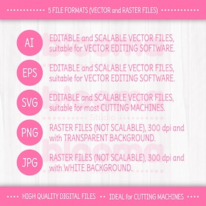 May include: A graphic showing five different file formats for digital downloads. The file formats are AI, EPS, SVG, PNG, and JPG. The graphic explains that AI, EPS, and SVG are vector files that are editable and scalable. PNG and JPG are raster files that are not scalable. The PNG file has a transparent background and the JPG file has a white background. The graphic also states that the files are high quality and ideal for cutting machines.