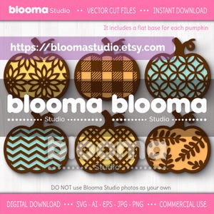 May include: Six decorative pumpkin cut files with various patterns, including floral, plaid, and geometric designs. The pumpkins are brown and feature intricate cut-out details. The image includes the text "blooma Studio" and a website address.