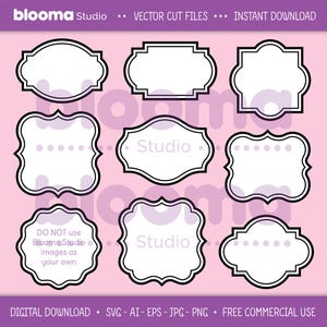 May include: Set of nine black and white decorative frames with scalloped edges. The frames are on a pink background. The text "Studio" appears in two of the frames.