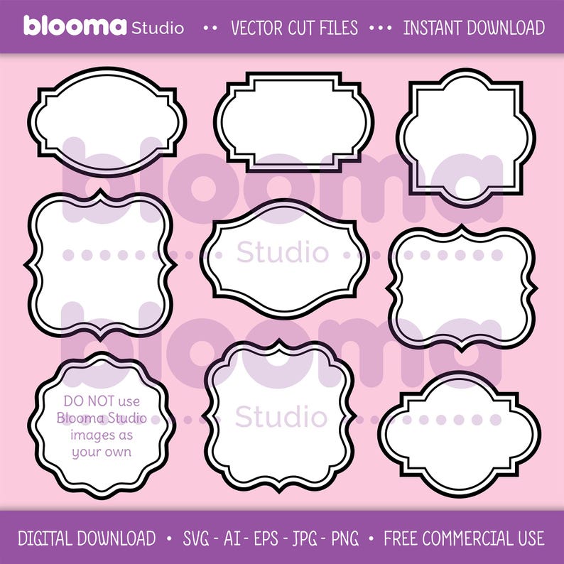 May include: Set of nine black and white decorative frames with scalloped edges. The frames are on a pink background. The text "Studio" appears in two of the frames.