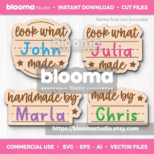 May include: Wooden cut files with the phrases "look what John made", "look what Julia made", "handmade by Marla", and "made by Chris". The text is in various colors, with star accents. The Blooma Studio logo is also visible.