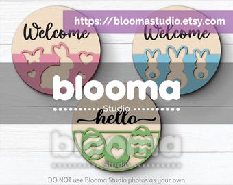 Easter door hanger svg, Easter round door sign, Bunny door hanger svg, Easter laser files, Easter decor svg, Layered cut files, Welcome sign