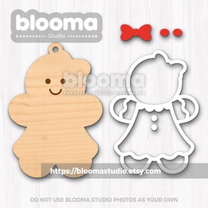 May include: A light-colored wooden gingerbread person cutout with a hole at the top, a separate red bow, two small red circles, and a white outline template of the same figure. The text blooma studio is visible in the top left corner.