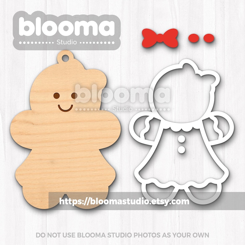 May include: A light-colored wooden gingerbread person cutout with a hole at the top, a separate red bow, two small red circles, and a white outline template of the same figure. The text blooma studio is visible in the top left corner.