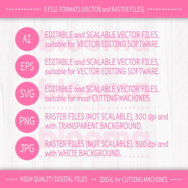 May include: Pink graphic listing details 5 file formats: AI, EPS, SVG, PNG, and JPG. The text describes the files as editable, scalable vector files, and raster files with transparent or white backgrounds. The text also says "High Quality Digital Files".