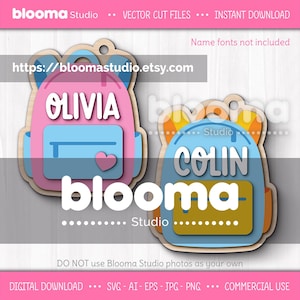 Op de afbeelding: Twee gelaagde houten rugzak-snijbestanden, één roze en blauw met de naam "OLIVIA", de andere blauw en geel met de naam "COLIN". De tekst "blooma Studio" is ook aanwezig. De afbeelding is een digitale download.