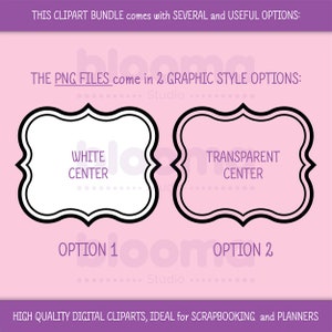 May include: Two graphic style options for a clipart bundle. The first option is a white center with a black outline. The second option is a transparent center with a black outline. Both options have a decorative, ornate frame.