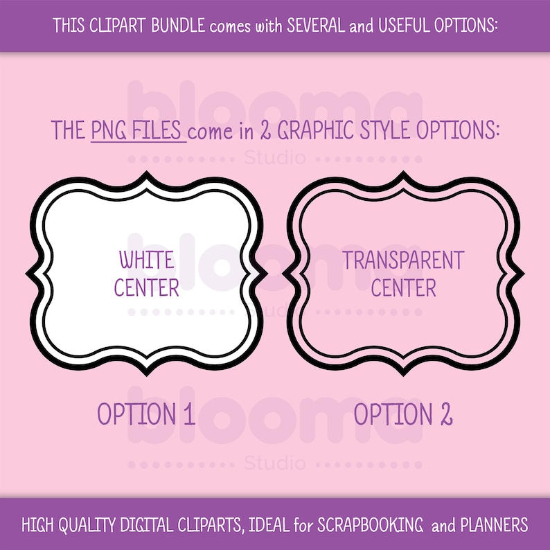 May include: Two graphic style options for a clipart bundle. The first option is a white center with a black outline. The second option is a transparent center with a black outline. Both options have a decorative, ornate frame.