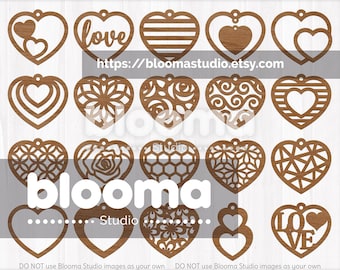 Paquete de pendientes de corazón SVG, Archivos cortados con láser para pendientes de corazón, Plantilla de pendientes SVG, Joyas de madera SVG, Charm de coche SVG, Día de San Valentín, Eps/Png