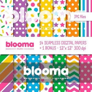 Rainbow digital paper, Rainbow seamless file, Bright color pattern, Party decor papers, Dot Stripes Stars, Digital backdrop, Commercial use
