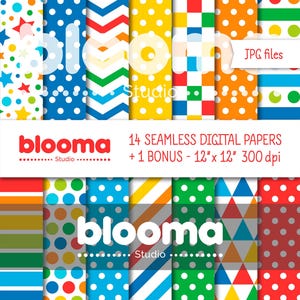 Primary colors digital paper pack, Rainbow pattern, Bright color pattern, Dotted papers, Stripes, Stars, Birthday party paper file, JPG