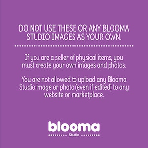 Puede incluir: Fondo morado con texto blanco que dice "NO UTILICE ESTAS IM&Aacute;GENES O CUALQUIER IMAGEN DE BLOOMA STUDIO COMO LAS SUYAS."  El texto contin&uacute;a, "Si usted es un vendedor de art&iacute;culos f&iacute;sicos, debe crear sus propias im&aacute;genes y fotos. No est&aacute; permitido subir ninguna imagen o foto de Blooma Studio (incluso si est&aacute; editada) a ning&uacute;n sitio web o mercado."  El texto "blooma Studio" est&aacute; en la parte inferior de la imagen.
