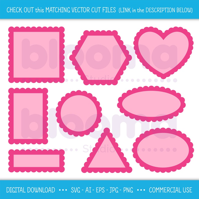 Puede incluir: Conjunto de nueve archivos de corte digital rosa en varias formas, incluyendo un cuadrado, un rect&aacute;ngulo, un c&iacute;rculo, un &oacute;valo, un coraz&oacute;n, un hex&aacute;gono y un tri&aacute;ngulo. Las formas tienen un borde festoneado y est&aacute;n delineadas en un rosa m&aacute;s oscuro.
