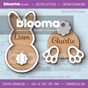 Fichier d'étiquettes de fesses de lapin de Pâques, fichiers laser d'étiquette de nom de Pâques mignon, svg d'étiquette de lapin personnalisé, svg d'étiquette de panier de Pâques drôle, svg de décoration de Pâques