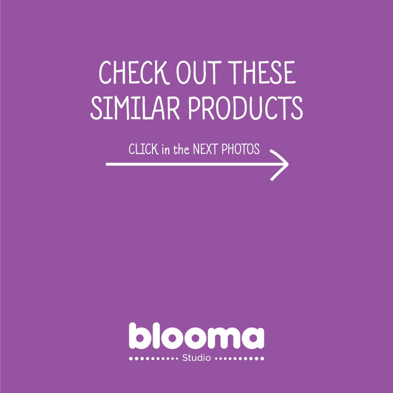 May include: Purple background with white text that reads "CHECK OUT THESE SIMILAR PRODUCTS CLICK in the NEXT PHOTOS" with a white arrow pointing to the right. Below the text is the word "blooma" in white with the word "Studio" in smaller white text below it.