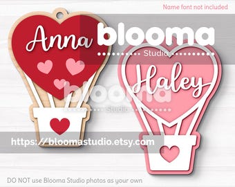 Valentine's Day Hot Air Balloon Tag SVG, Heart Name Tag Laser Cut Files, Love Basket Gift