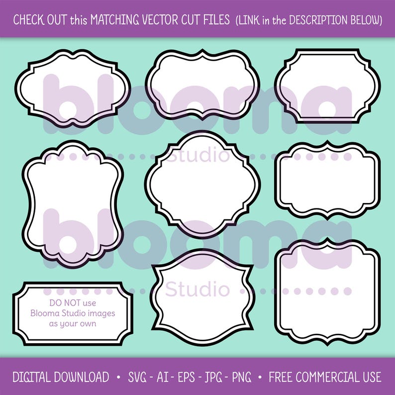 May include: Set of nine black and white frame outlines with a decorative design. The frames are on a light blue background. The text "Studio" appears in two of the frames. The text "DO NOT use Blooma Studio images as your own" appears in a smaller frame.
