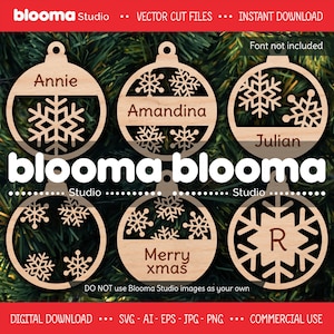 Ornamentos de floco de neve SVG, Ornamento de nome svg, Etiqueta de nome de Natal svg, Arquivos de corte a laser, Ornamento de madeira personalizado, Ornamento redondo svg, Eps Ai
