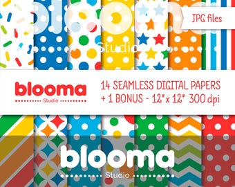 Primary colors digital paper, Colorful seamless pattern, Rainbow pattern, Bright color paper, Dot paper printable, Commercial use, Star, JPG