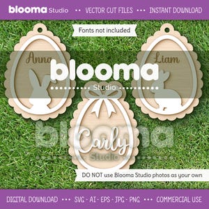 Etichetta per uovo di Pasqua in formato svg, file laser per etichetta con fiocco con uovo smerlato, etichetta per cestino di Pasqua in formato svg, etichetta con nome coniglietto di Pasqua, etichette in legno personalizzate, Eps Png