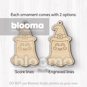 May include: Two wooden ghost ornaments with witch hats. One has score lines, the other engraved lines. The text says "Each ornament comes with 2 options: blooma Studio". The bottom text says "DO NOT use Blooma Studio photos as your own".