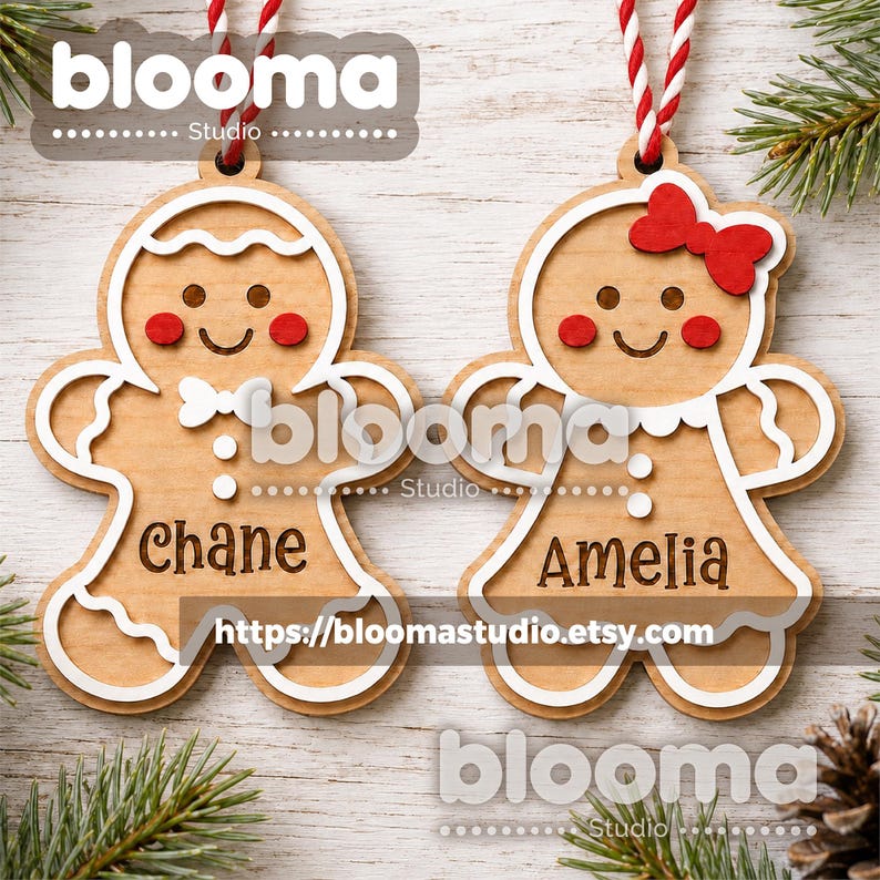 Gingerbread ornaments Svg, Personalized christmas boy and girl ornaments, Gift tags laser files image 2