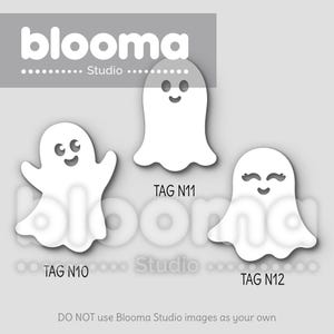 May include: Three white ghost cutouts with different facial expressions. The ghosts are labeled "TAG N10", "TAG N11", and "TAG N12".