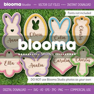 Etichette per cestini pasquali carini in formato svg, etichetta coniglietto in formato svg, file laser per etichette regalo primaverili, etichetta con nome personalizzata in formato svg, uovo farfalla cuore carota fiore croce