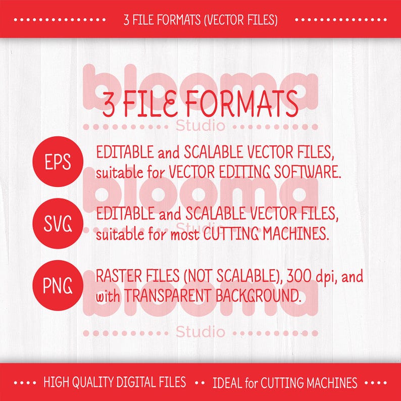 May include: Red graphic with the text "3 FILE FORMATS" and descriptions of EPS, SVG, and PNG file types. The image highlights editable and scalable vector files suitable for vector editing software and cutting machines.