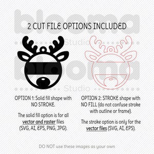 May include: Two cut file options for a reindeer head design. The first option is a solid black fill with no stroke. The second option is a red outline with no fill. The text below the images explains that the solid fill option is for all vector and raster files, while the stroke option is only for vector files.
