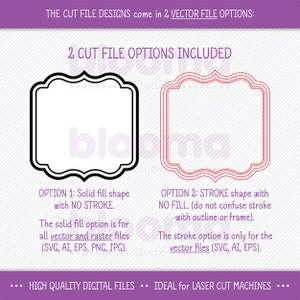May include: Two options for a decorative frame design. The first option is a solid black frame with no stroke. The second option is a red frame with a stroke. The text reads "2 CUT FILE OPTIONS INCLUDED".