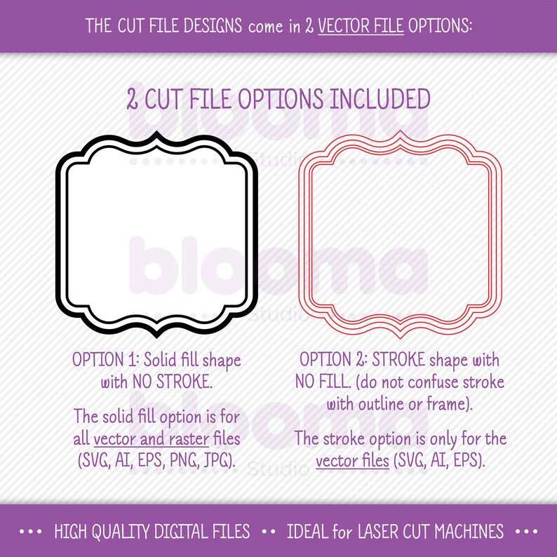 May include: Two options for a decorative frame design. The first option is a solid black frame with no stroke. The second option is a red frame with a stroke. The text reads "2 CUT FILE OPTIONS INCLUDED".