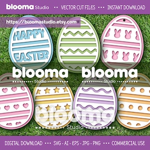 May include: A selection of layered Easter egg cut files in pastel shades of blue, green, pink, yellow, and purple. Some eggs have patterns like hearts, stars, and bunnies, with one reading "HAPPY EASTER". The image includes the text "DIGITAL DOWNLOAD".