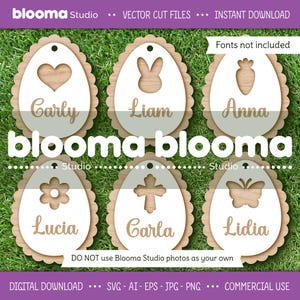 Etiqueta de huevo festoneada svg, etiqueta de nombre de Pascua para niños, archivos láser de etiquetas de Pascua, lindas etiquetas de Pascua personalizadas svg, archivos de corte de etiquetas de canasta de Pascua