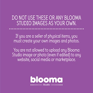 May include: Purple background with white text that reads "DO NOT USE THESE OR ANY BLOOMA STUDIO IMAGES AS YOUR OWN."  The text continues, "If you are a seller of physical items, you must create your own images and photos. You are not allowed to upload any Blooma Studio image or photo (even if edited) to any website, social media or marketplace."  The text "blooma Studio" is at the bottom of the image.