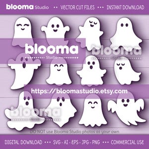 May include: A collection of white ghost cut files with various expressions. The image includes the text "blooma Studio" and "VECTOR CUT FILES - INSTANT DOWNLOAD". The Etsy shop URL is also included. The bottom of the image states "DIGITAL DOWNLOAD" and "COMMERCIAL USE".