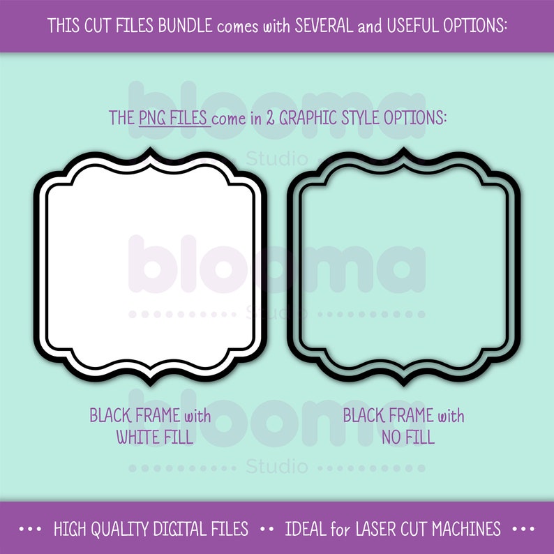 May include: Two black and white graphic frames with a decorative design. The frame on the left has a white fill and the frame on the right has no fill. The text "BLACK FRAME with WHITE FILL" is below the left frame and the text "BLACK FRAME with NO FILL" is below the right frame. The text "THE PNG FILES come in 2 GRAPHIC STYLE OPTIONS" is above the frames.