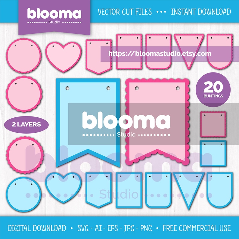 Bunting Banner SVG Bundle, 2 layers, Scallop banner svg, Bunting flags Birthday Garland, Laser cut files, Clipart PNG JPG Eps Commercial use image 1