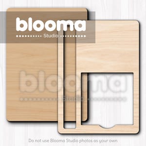 May include: Two wooden craft shapes, one solid and one with a cutout, are displayed. The solid shape is rectangular with rounded corners. The other shape has a rectangular frame with a cutout. The text "blooma Studio" is visible.