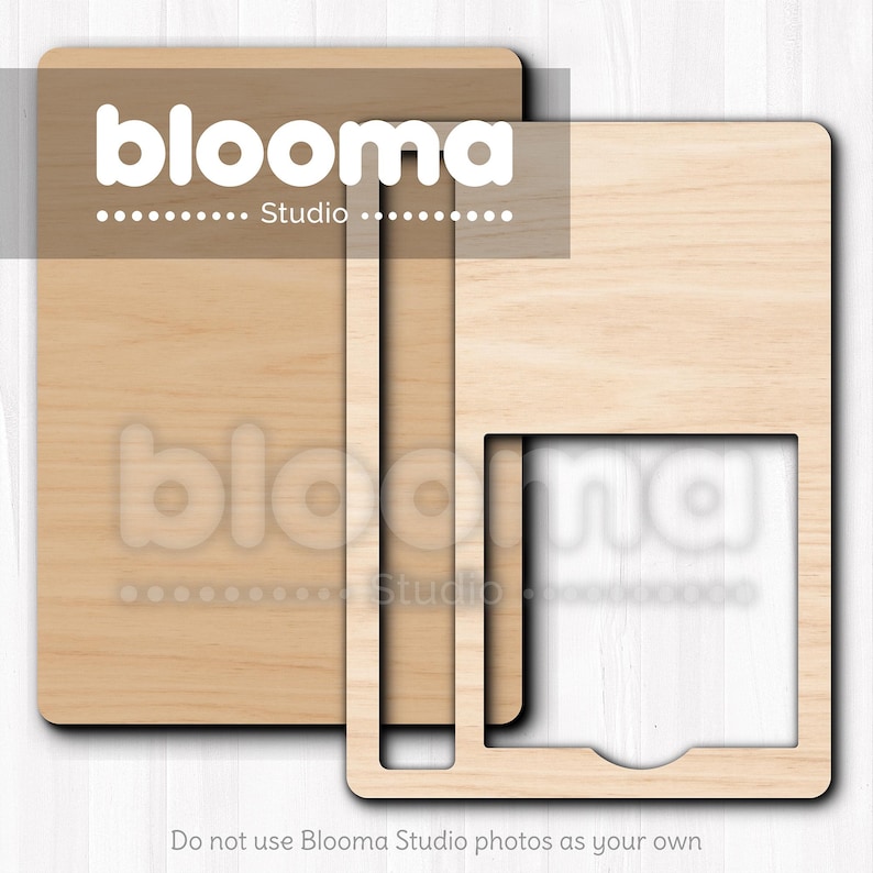 May include: Two wooden craft shapes, one solid and one with a cutout, are displayed. The solid shape is rectangular with rounded corners. The other shape has a rectangular frame with a cutout. The text "blooma Studio" is visible.