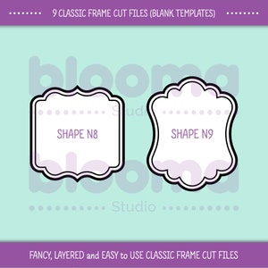May include: Two black and white frame cut files with a purple background. The frames are labeled "SHAPE N8" and "SHAPE N9".