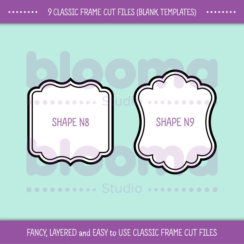 May include: Two black and white frame cut files with a purple background. The frames are labeled "SHAPE N8" and "SHAPE N9".