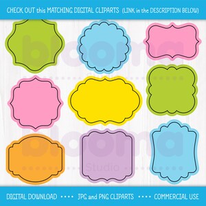 May include: Set of nine digital clipart frames in various colors and shapes, including green, blue, pink, yellow, orange, and purple. The frames are outlined in black and have a vintage style.
