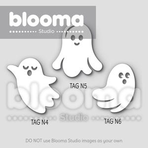May include: Three white ghost cutouts with different facial expressions. The ghosts are labeled "TAG N4", "TAG N5", and "TAG N6".