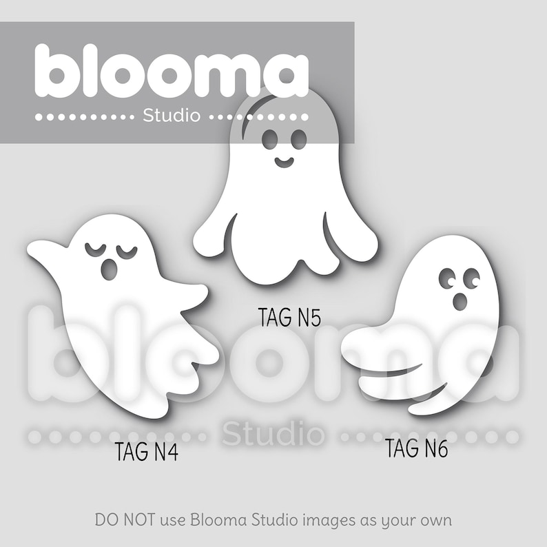 May include: Three white ghost cutouts with different facial expressions. The ghosts are labeled "TAG N4", "TAG N5", and "TAG N6".